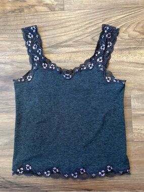 Aimer Grey and Pink Lace Trim Tank Top